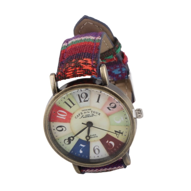 Reloj hippie multicolor estilo bohemio de latón PU cuero botón batería reloj de mujer para regalo de fiesta de cumpleaños azul