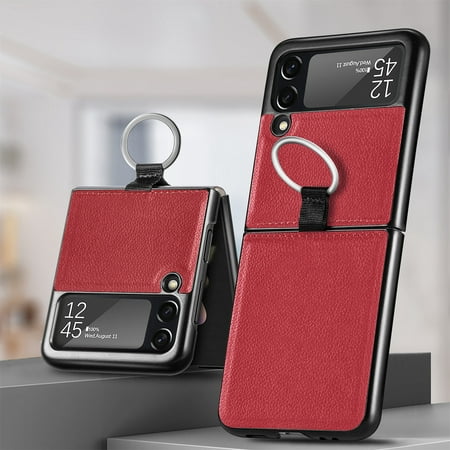 Dteck Case for Samsung Galaxy Z Flip 3 5G (2021),Shockproof PU Leather Hybrid PC Ring Holder Slim Protective Back Phone Case Cover,Red