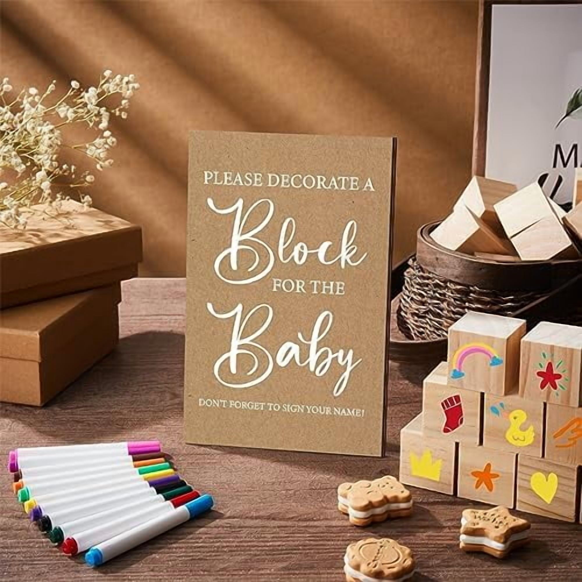 104 Pcs Baby Shower Game Sign Set Baby Shower Blocks to Decorate 54 DIY Blank Wooden Block 48 Watercolor Markers with Acrylic Box Set for Games Gender Reveals Party Supplies