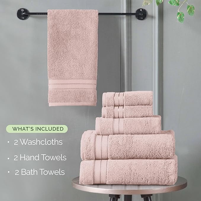 Elegant Comfort 6-Piece Towel Set - Three Line Popcorn Design, 100% Turkish Cotton, Soft and Absorbent, Quick-Drying, 2 Bath Towels, 2 Hand Towels, 2 Washcloths - Dusty Pink
