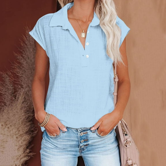 Yteetum Summer Cotton Linen T Shirts for Women Oversized V Neck Quarter Button Up Short Sleeve Shirt Casual Solid Plus Size Turndown Collar Loose Comfy Shirt