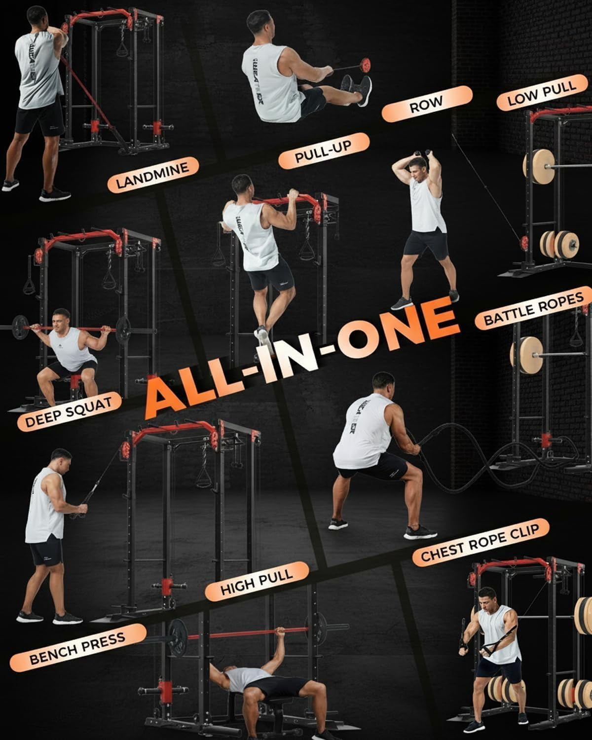 Memoryfield Power Cage with Cable Crossover System, 2000 lbs Capacity Power Rack with LAT Pulldown, Multi-Function Workout Cage with Pulley System for Strength Training, Orange