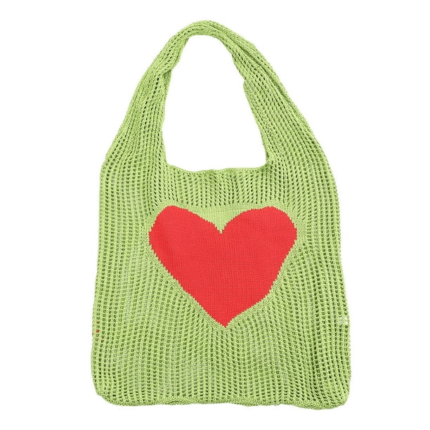 Bolsa de compras reutilizable de malla con estampado de corazón, bolsa de punto para verduras y frutas
