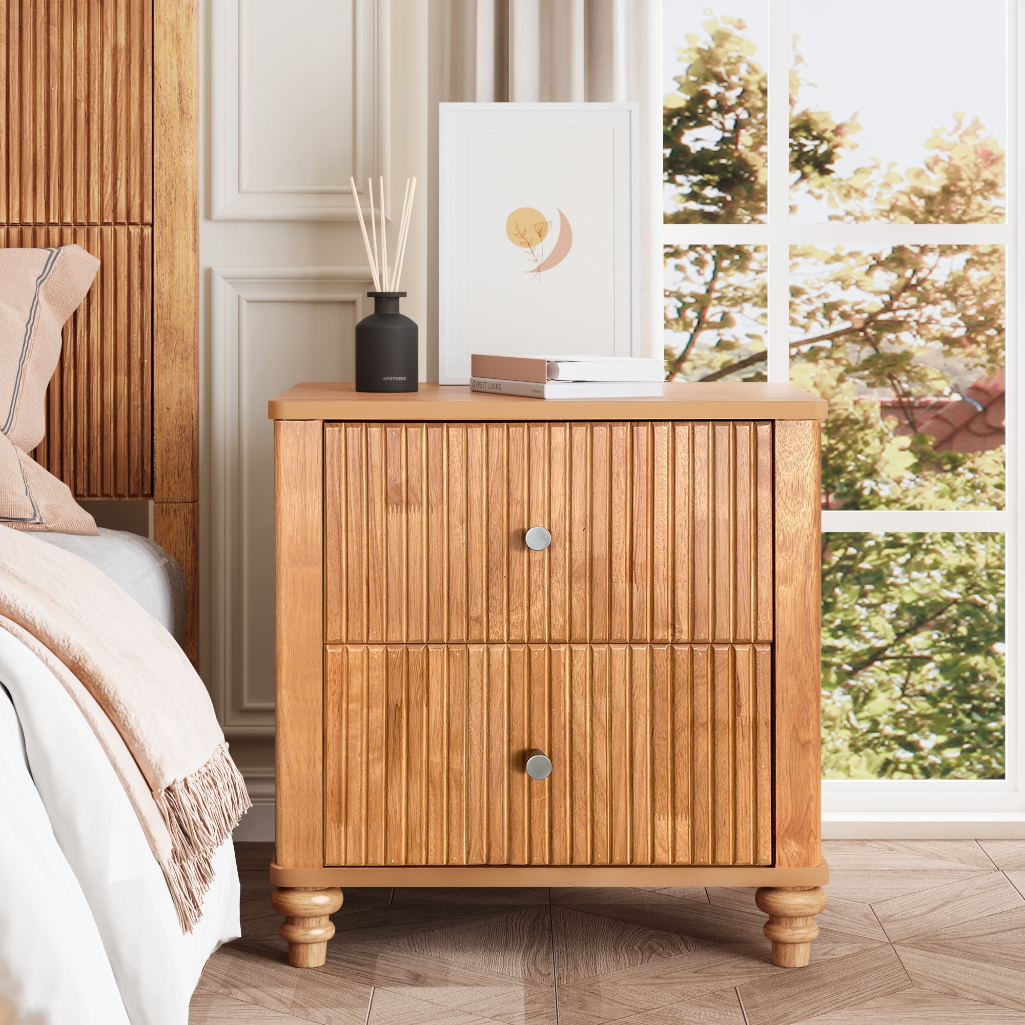 Fluted Nightstand, 21.65" Wide Side Table with 3 Drawers, Mid Century Modern Wood NightStand with Metal Handle, Wooden Bedside End Table for Bedroom, Living Room, Closet, Natural