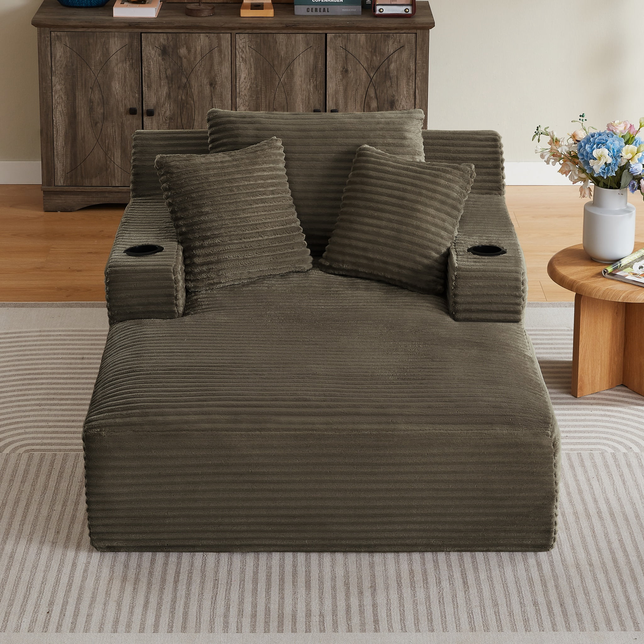 ShiKeyi 66'' Chaise Lounge Chair Indoor, Boneless Sofa Cloud, Plush Corduroy Chaise Couch with Cup Holders, Side Storage Pocket & Pillows, No Assembly Required, Brown