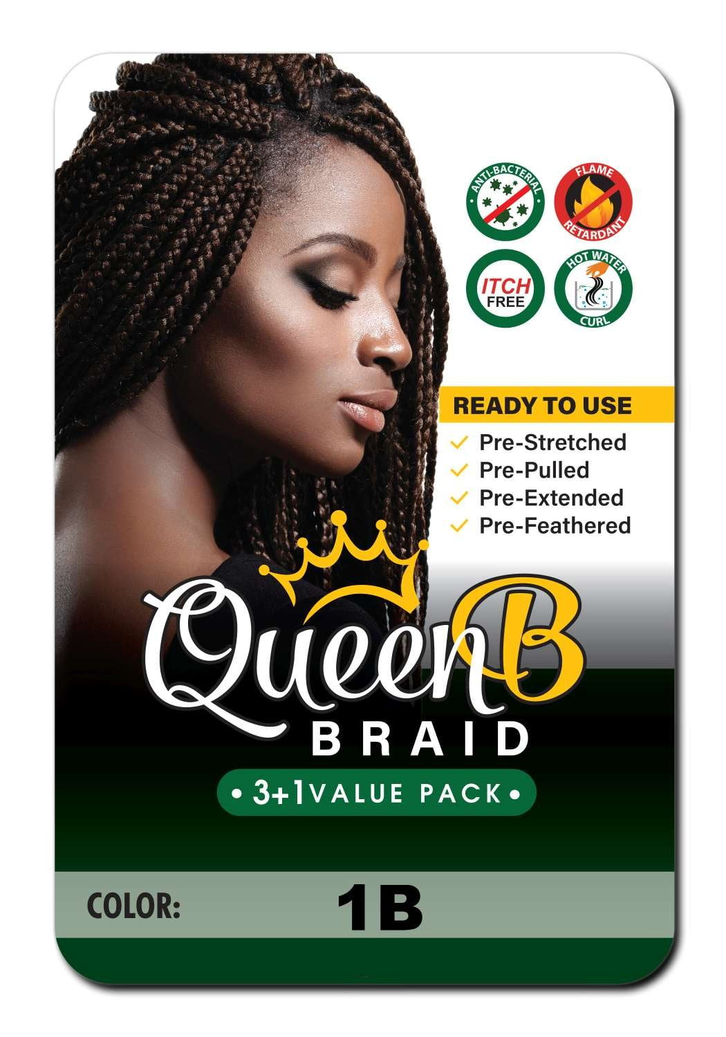 (4 pack) QueenB 4X Value Pack Pre-Stretched Braiding Hair 50” – Color #1B