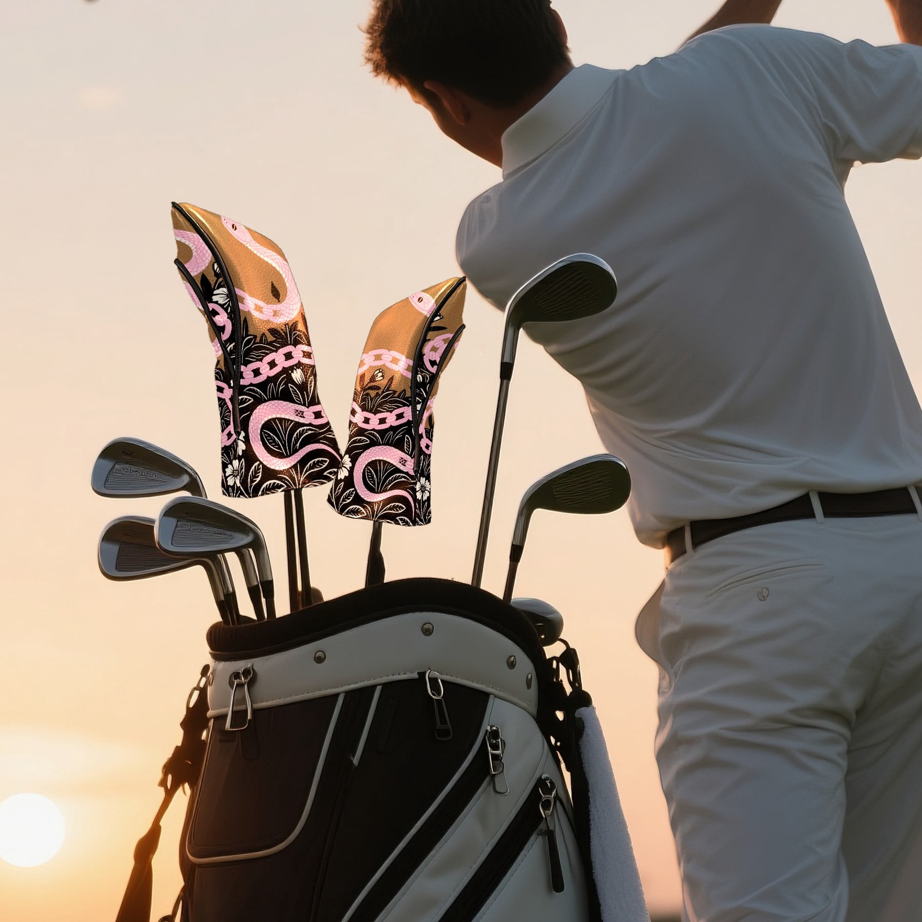 Golf Club Head Cover Waterproof Leather Golf Accessories HeadCovers Set Driver Headcover for Women Men Snake Among Flowers