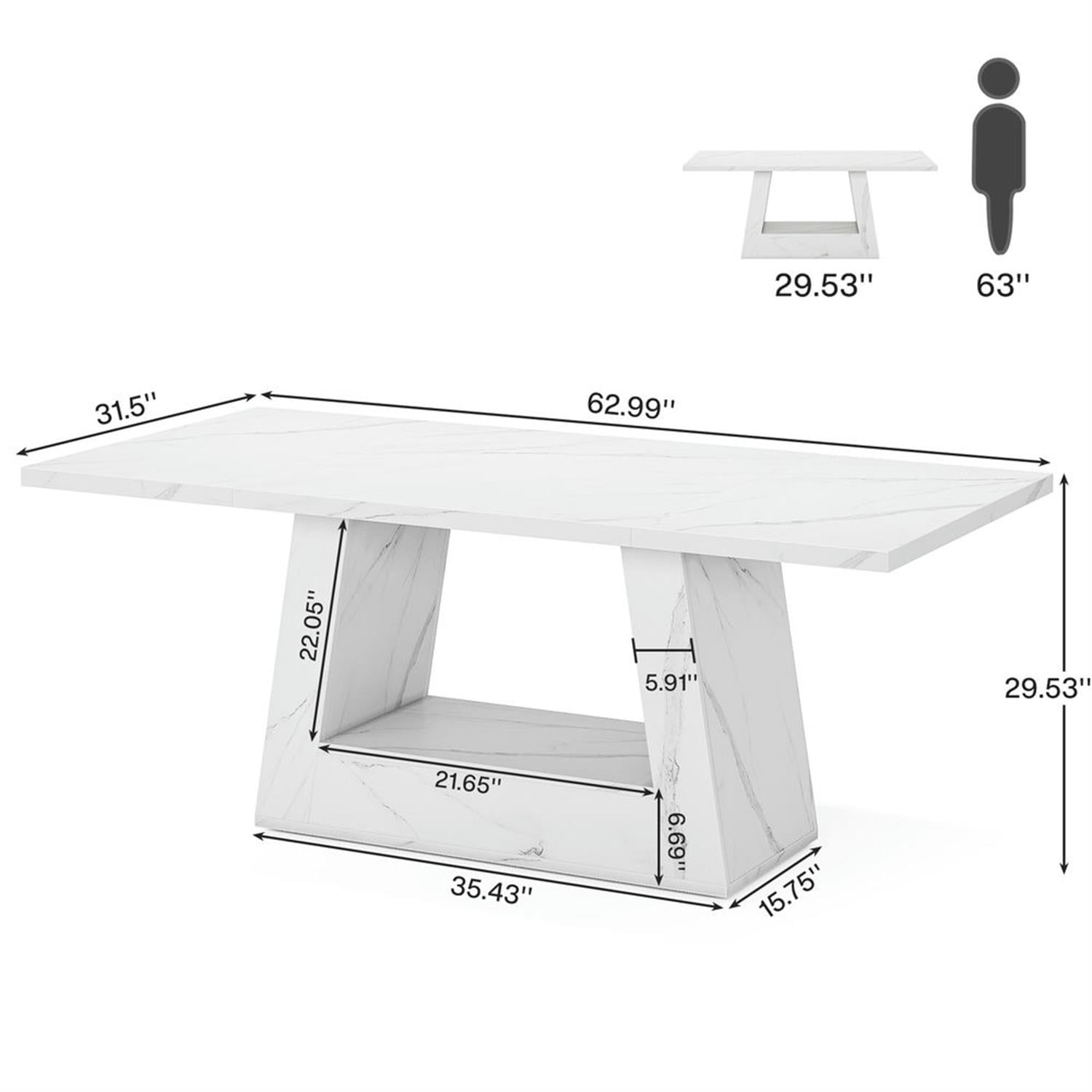 Demi Bonn 63" Wood Executive Computer Desk with Faux Marble Tabletop, Modern Duty Study Writing Gaming Table for Home Office, Rectangle Workstation, White