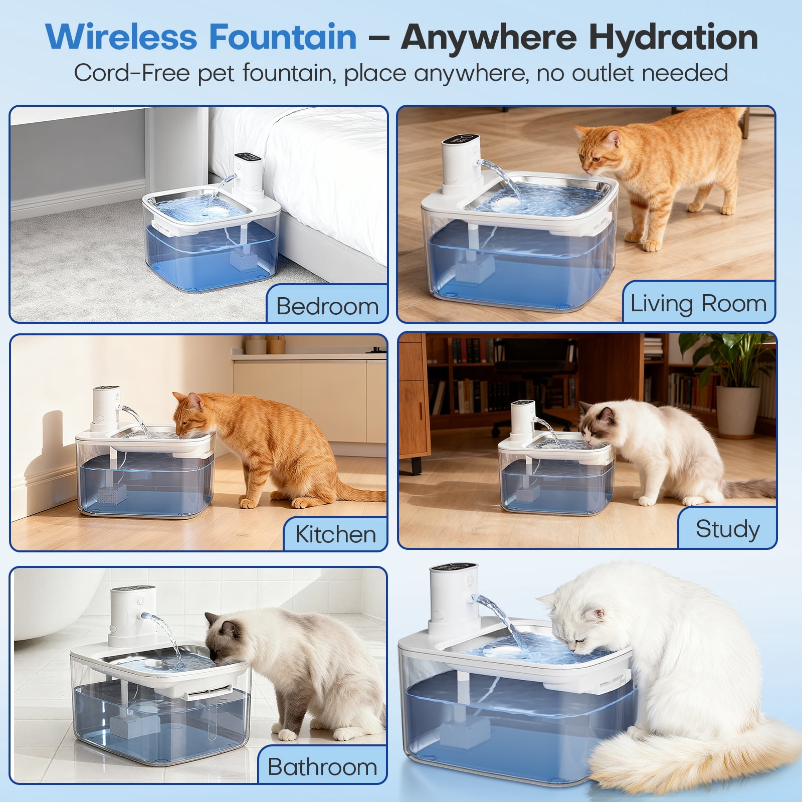 HUTACT 3.2L Wireless Cat Water Fountain, 4000mAh Pet Water Fountain Rechargeable, Stainless Steel Tank, 3-Mode Quiet Pet Water Bowl with 3 Filters for Cats Dogs