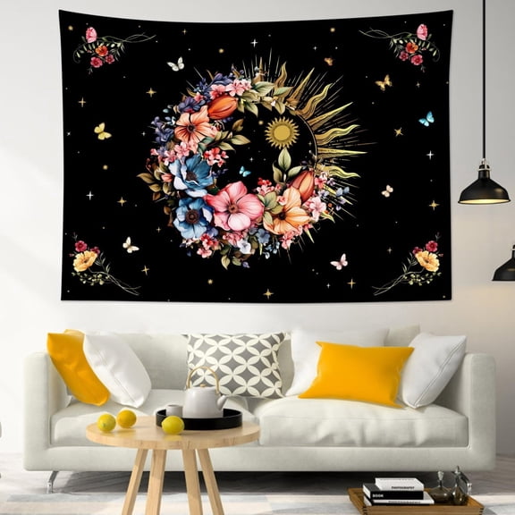Black Sun Moon Wildflower Wreath Tapestry, Starry Butterfly Botanical Wall Hanging Decor for Bedroom Living Room 60x40 Inch