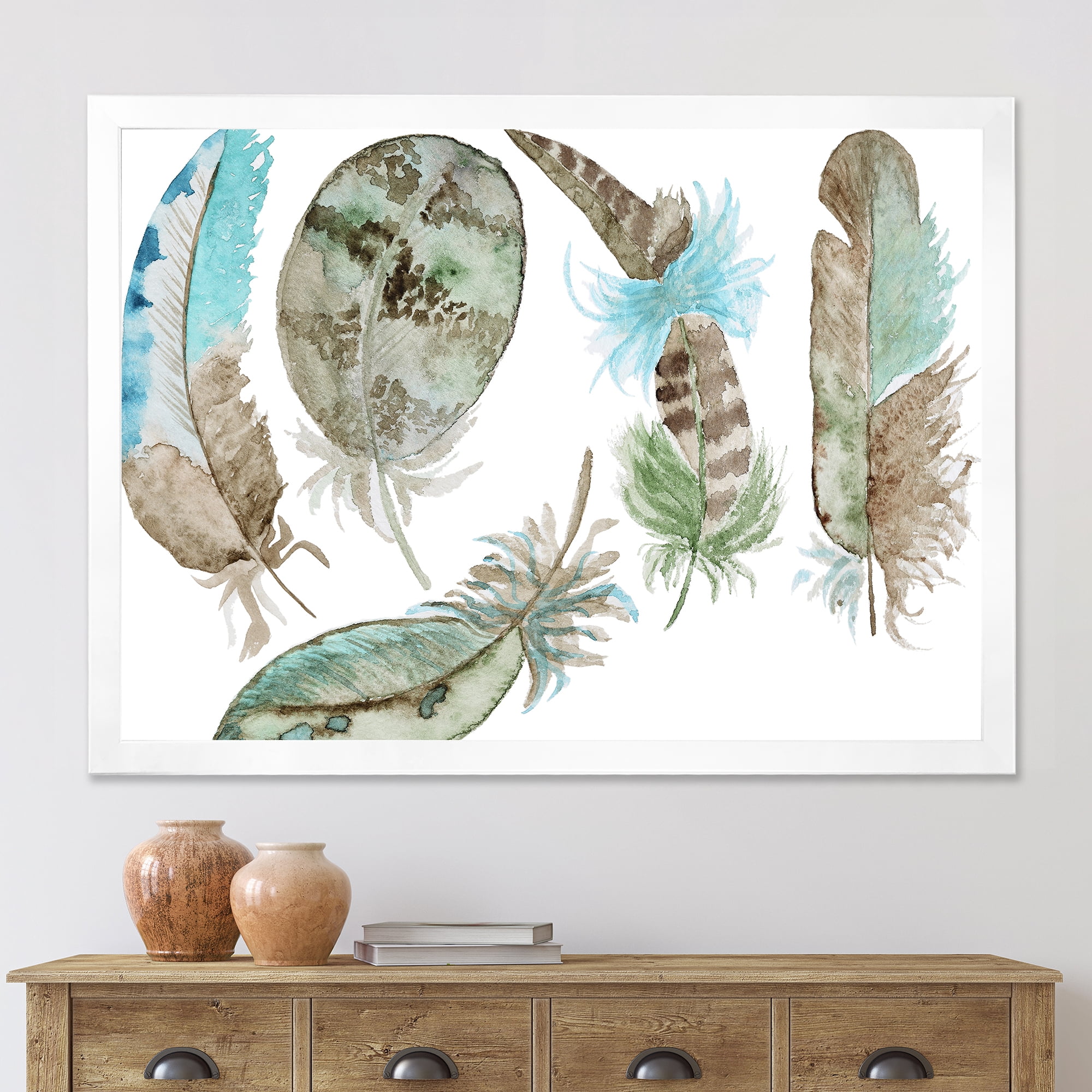 Designart 'Green Feathers Set On White' Bohemian & Eclectic Framed Art Print