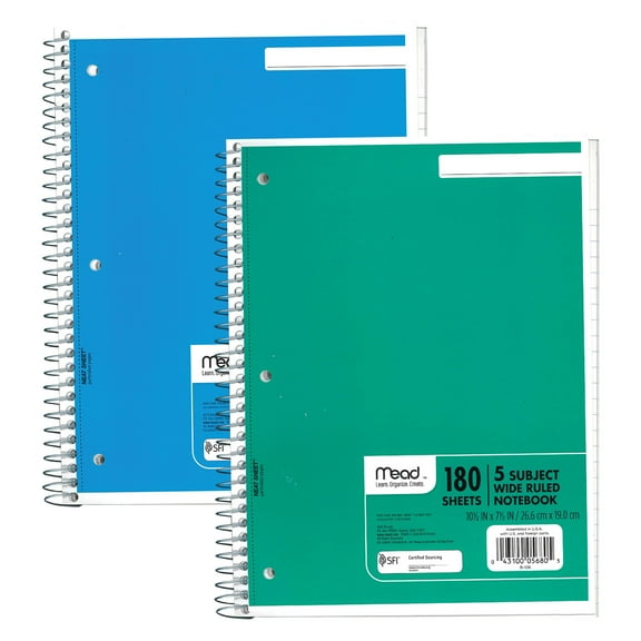 Mead Spiral Notebook, 5 Subject, Wide Ruled Paper, 180 Sheets, 10-1/2" x 8", Assorted Colors, Pack of 2