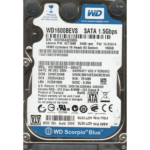 WD1600BEVS-08VAT2, DCM DHNT2HNB, Western Digital 160GB SATA 2.5 Hard Drive