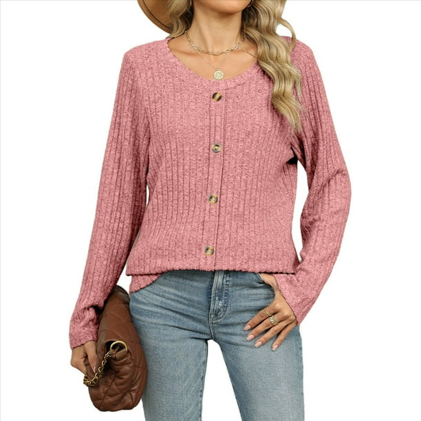 Suéteres Ligeros para Mujer 2025, Camiseta Henley de Larga, Blusa Informal de Cuello Redondo para Otoño. Rosa XXL