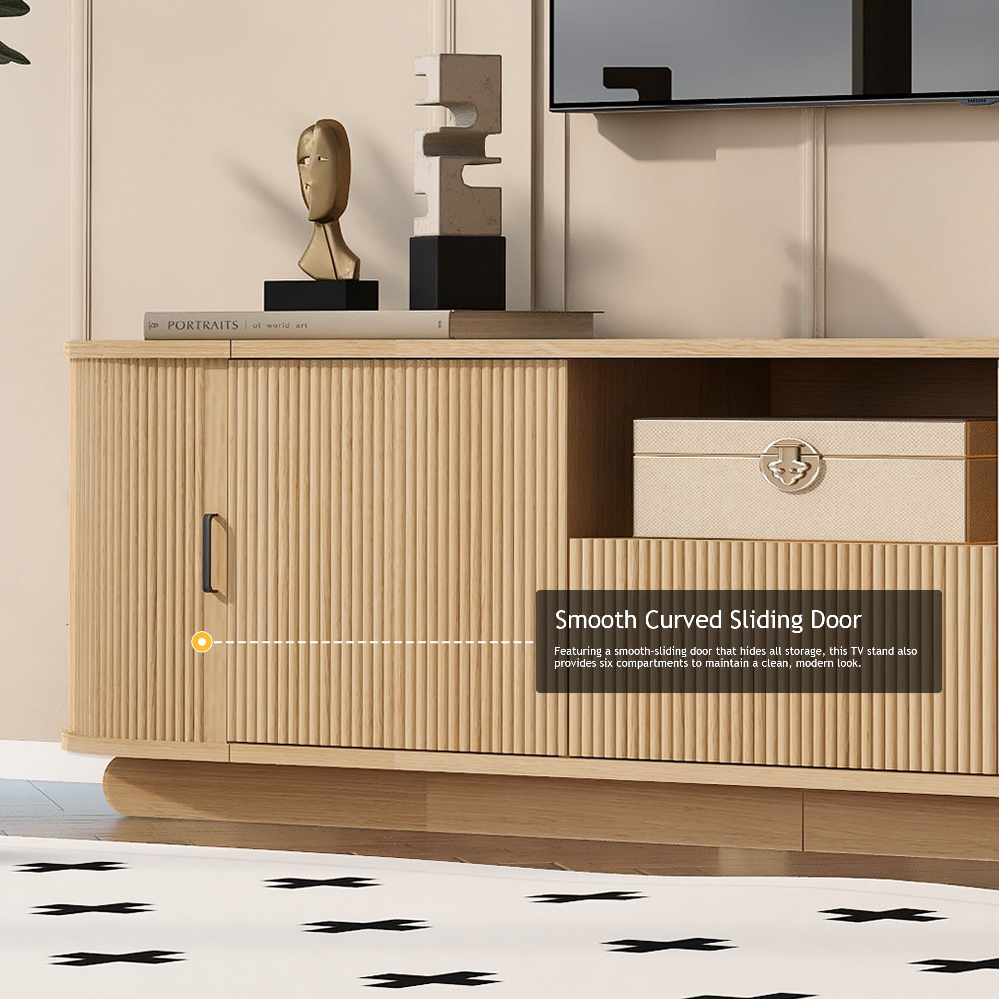 Homy Casa 70.9" TV Stand, Fluted Media Console with Sliding Doors, Natural Wood