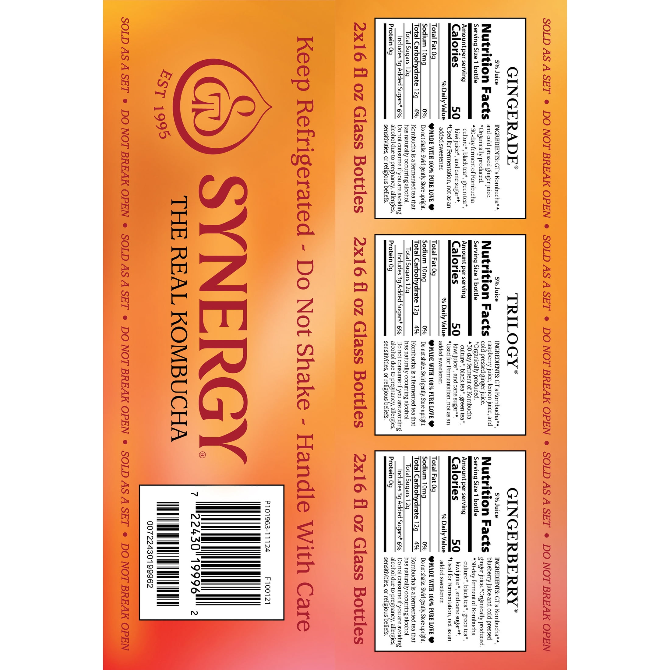 GT's Synergy Mixed Pack Raw Kombucha 6 - 16 fl oz Glass Bottles