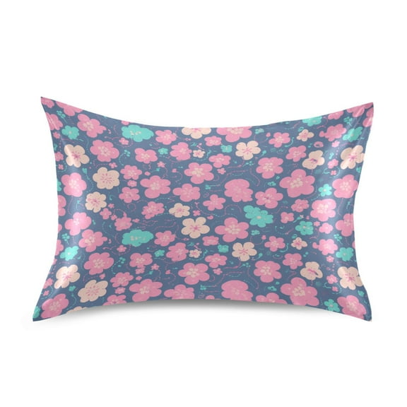Satin Pillow Case Standard Silk Pillow Cover for Hair and Skin Envelope Closure Pink Teal Small Flowers 20"x26"