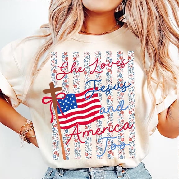 Floral Stripes She Loves Jesus And America Too Tshirt America Needs Jesus Faith Fourth of July Shirt