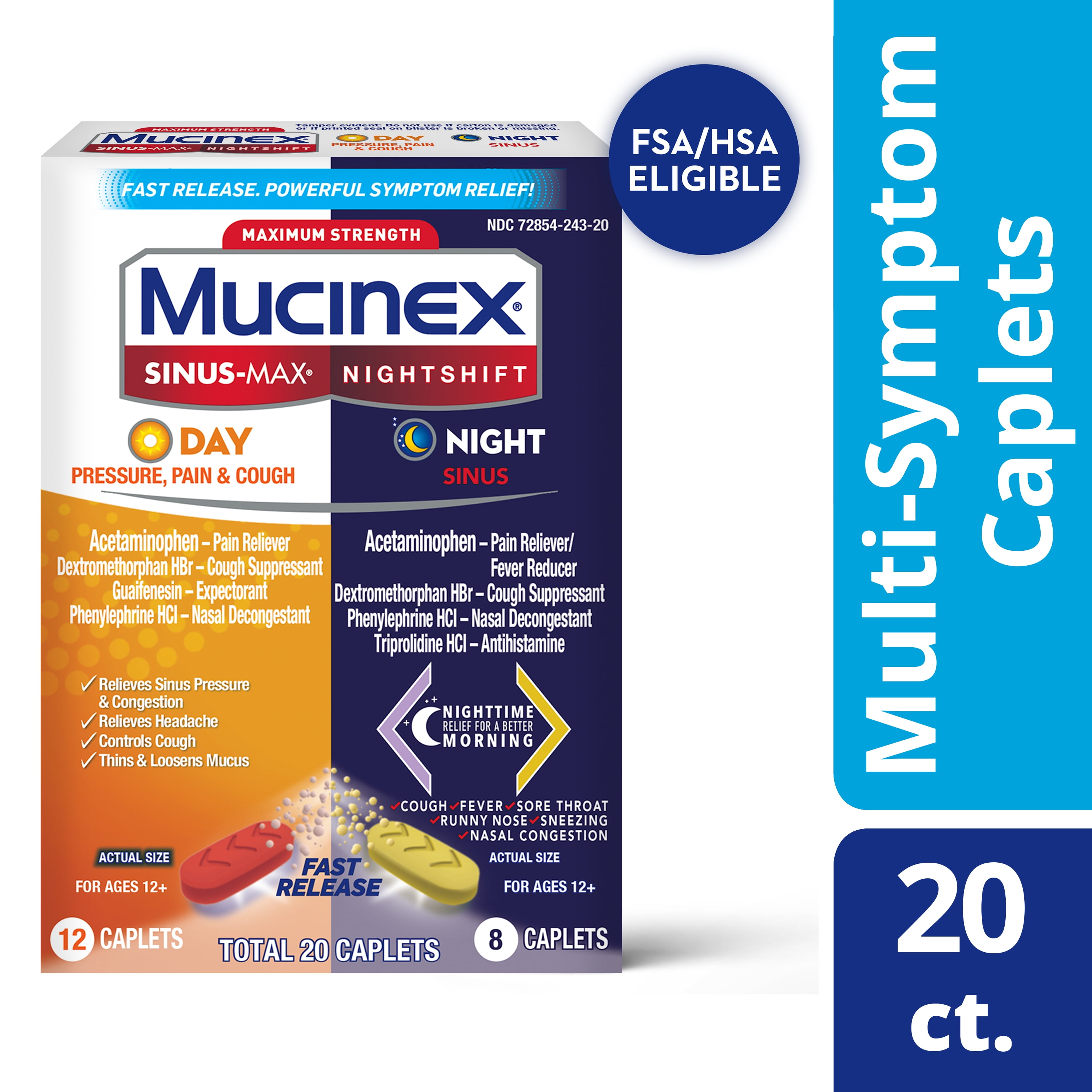 Maximum Strength Mucinex Sinus-Max (Day) Pressure, Pain & Cough & Nightshift (Night) Sinus Caplets, Fast Release, Powerful Multi-Symptom Relief, 20 caplets (12 Day time + 8 Night time)