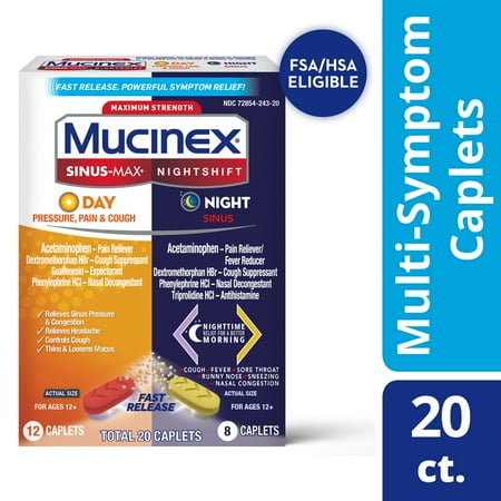 Maximum Strength Mucinex Sinus-Max (Day) Pressure  Pain & Cough & Nightshift (Night) Sinus Caplets  Fast Release  Powerful Multi-Symptom Relief  20 caplets (12 Day time + 8 Night time)
