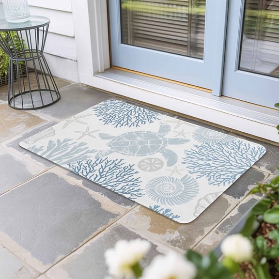 Blue Coastal Turtle Door Mat Indoor Outdoor, Ocean Coral Nautical Non Slip Welcome Mat with Rubber Backing, Absorbent Fabric Front Door Mats Entryway Rug for Home Patio Entrance 16"x24"