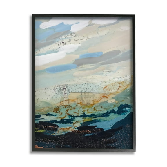 Stupell Industries Nautical Landscape Abstract Ocean Layered Map Collage Painting Black Framed Art Print Wall Art, Design by Stacy Gresell