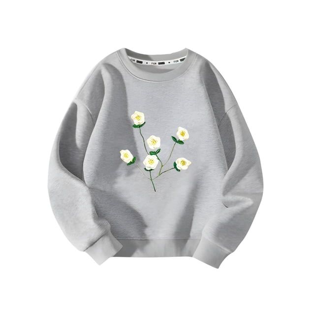 Chandails pour Filles de 3 à 9 Ans en Coton Chaud à Col Rond Manches Longues Imprimé Floral (3-4 Ans, Gris)