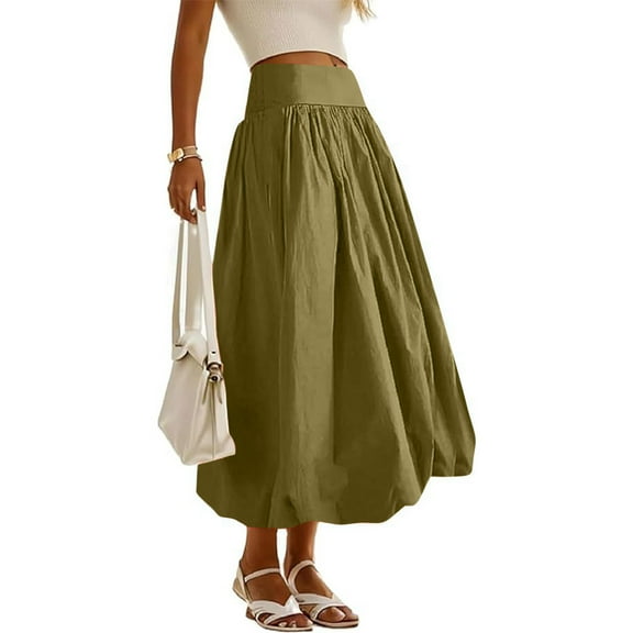 Women Bubble Maxi Skirt Summer Elastic High Waist a Line Long Skirt Casual Ruffle Pleated Midi Half Dress with Pockets Green L