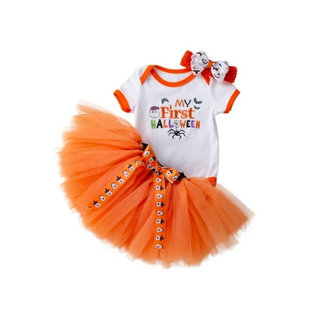 

JYYYBF 0-24M Baby Girl Halloween Clothes Set Witch Pumpkin Embroidery Pattern Long Sleeve Romper+Bow Tulle Yarn Skirt Orange Letters 3-6 Months