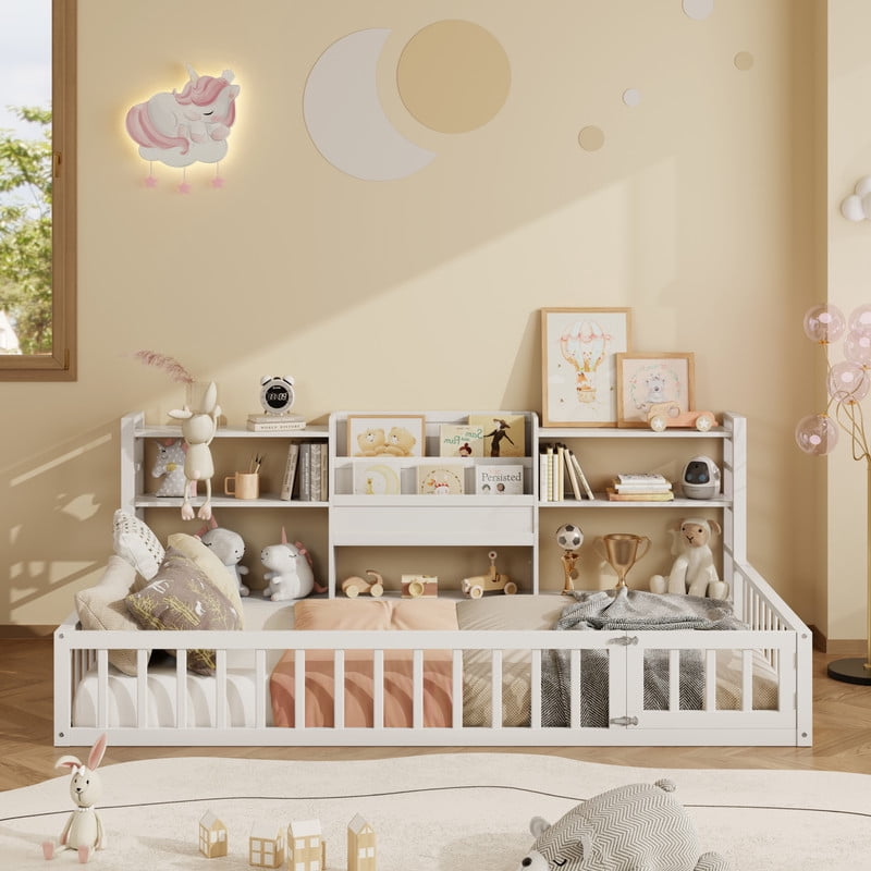Twin Size Floor Bed with Integrated Bookcase and 3-Tier Storage Shelves, Low Profile Wood Toddler Bed Montessori Bed with Safety Guardrails for Boys Girls