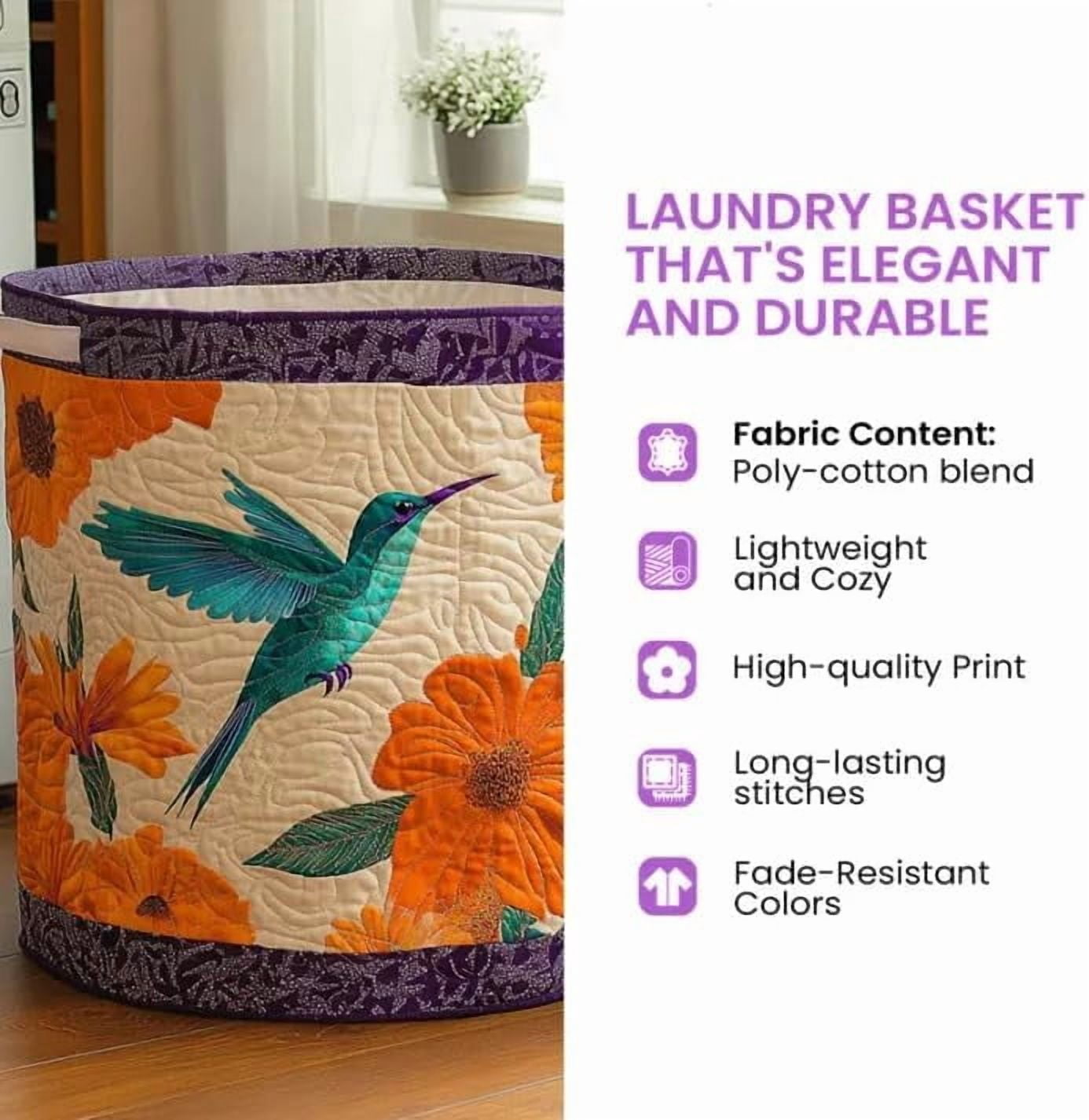 Quilted Laundry Basket Boho Fabric Floral Storage Hamper for Nursery Bedroom Laundry Room Clothes Toys(14" x 18")