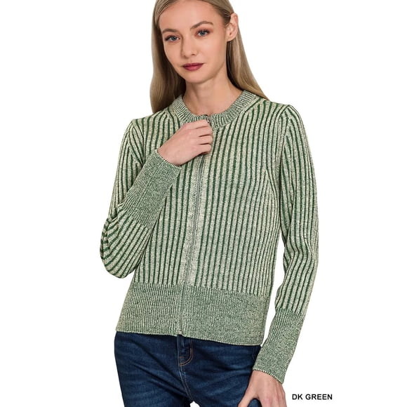 Zenana Ribbed Two Tone Zip Up Sweater Cardigan (DKGREEN, M)