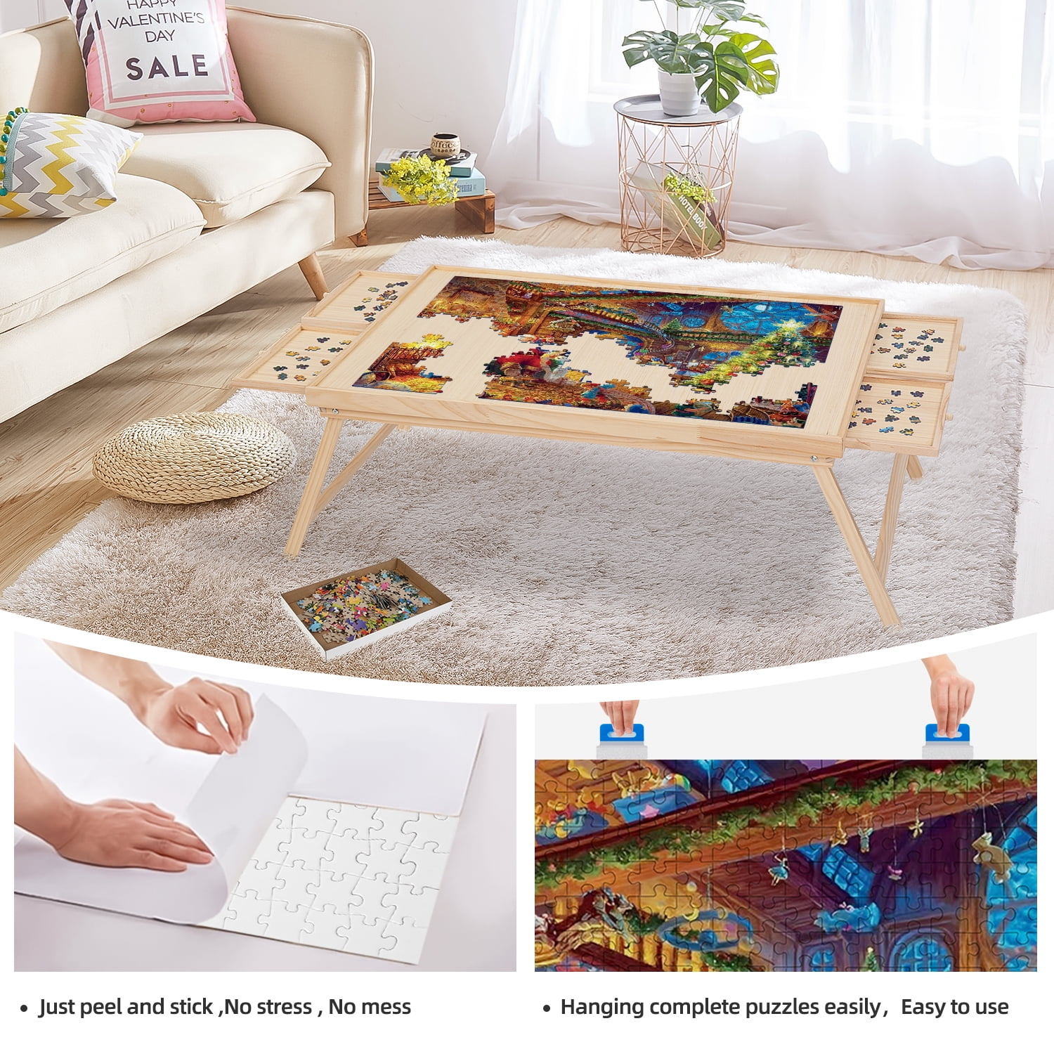 1500 Piece Puzzle Board 34 x 26 Wooden Jigsaw Puzzle Table with Folding  Legs and 4 Drawers,1 Protective Cover 10 Glue Sheet and 4 Hangers,Portable Puzzle  Tray for Adults and Kids 