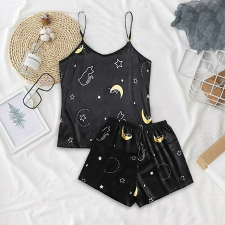 

Tangnade Sleepwear for Women Shipping on time Silk Pajamas Sexy Satin Lingerie Shorts Set Women Sleepwear Printing Navy XXL