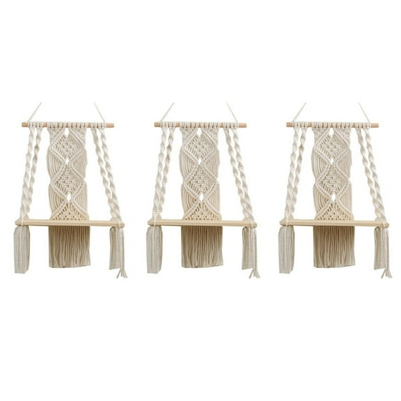 3X Boho Macrame Wall Hanging Shelf Handmade Woven Tassel Tapestry Rack Wood Floating Storage Hanger for Home Wall Decor