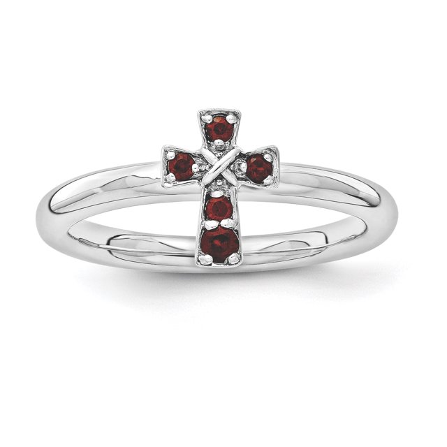 Sterling Silver Stackable Expressions Rhodium Garnet Cross Ring Size 9