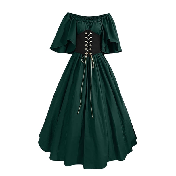 Vestidos Para Mujer, Vestido Retro Vintage, Cuello Redondo, Manga Acampanada, Hombros Descubiertos, Medieval Con Corsé, Vestido de Baile de Retazos Odeerbi ODB183957