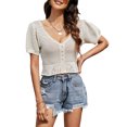thumbnail image 1 of Jersey de mujer, Top corto de punto para mujer, cuello en V, manga corta, espalda abierta, Tops casu Abanopi Beige/Grande, 1 of 7