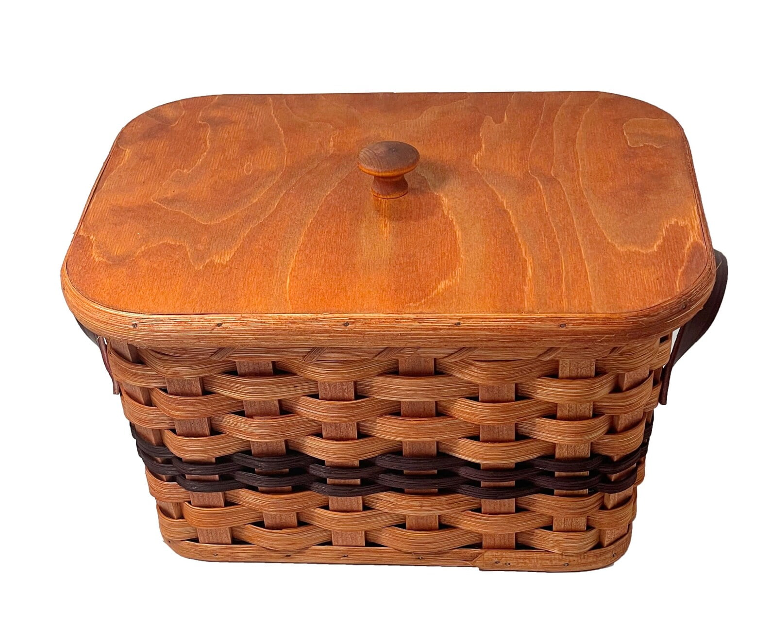 Amish Small Sewing Storage Basket With Solid Oak Lid and Leather