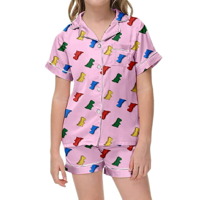 Adorable Dinosaur Themed Short Sleeve Button Down Pajama and Shorts Set for Children's Cozy Bedtime Wear