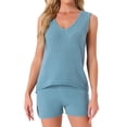 thumbnail image 1 of Conjunto de lounge para mujeres INSPIRE CHIC Pjs Top de tanque y pantalones cortos Set de pijama de punto en V color azul marino, 1 of 6