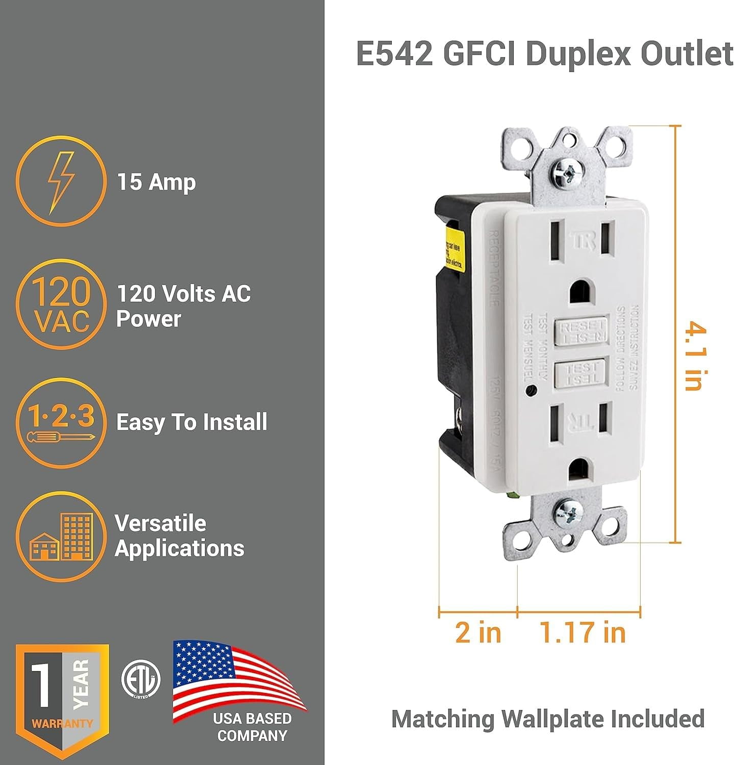 Diodesy- Pack of 2 E542 GFCI Duplex Tamper-Resistant Receptacle Outlet with Matching Decor Wall Plate, Self-Test, LED Indicator, Ground Fault Circuit Interrupter, 15 Amp, 120 Volts, White, ETL Listed