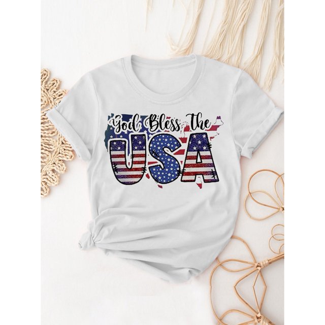 Patriotic USA Letter Print Tee - Casual, Stretchy & Easy-Care, Perfect for Independence Day | Women's All-Season Top