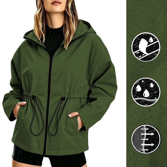 Qulqfy Army Green Womens Fall Rain Jackets with Hood Windbreaker Waterproof Lightweight Drawstring Active Outdoor Coats 2XL