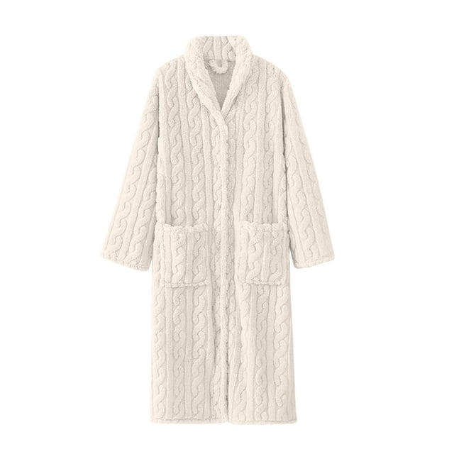 YOPTOP BLVB Women‘s Plush Long Robe Soft Bathrobe Button Up Housecoat Fuzzy Fleece Warm Winter Robe Sleepwear with Pockets,L,White
