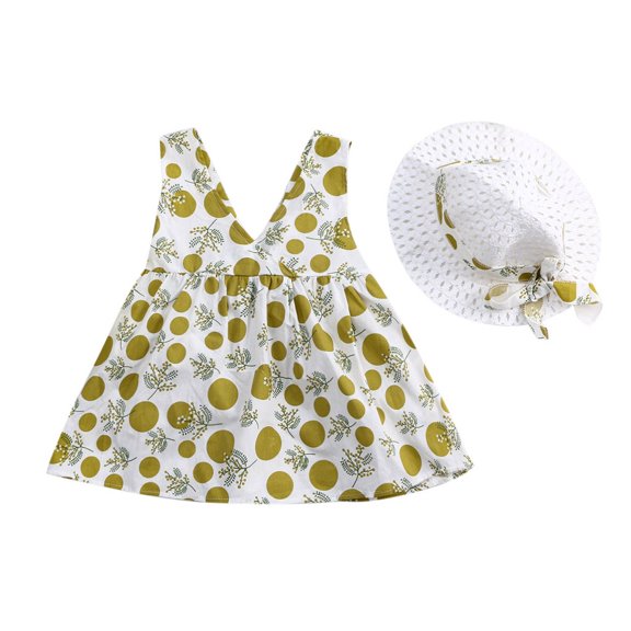 FRSASU Clearance Toddler Baby Kids Girl Sleeveless Strap Dot Print Bow Princess Dresses Hat