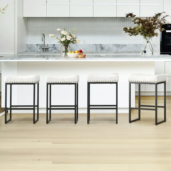 Dycanpo 24" Saddle Counter Height Bar Stools Set of 4, Modern Faux Leather, for Kitchen,White