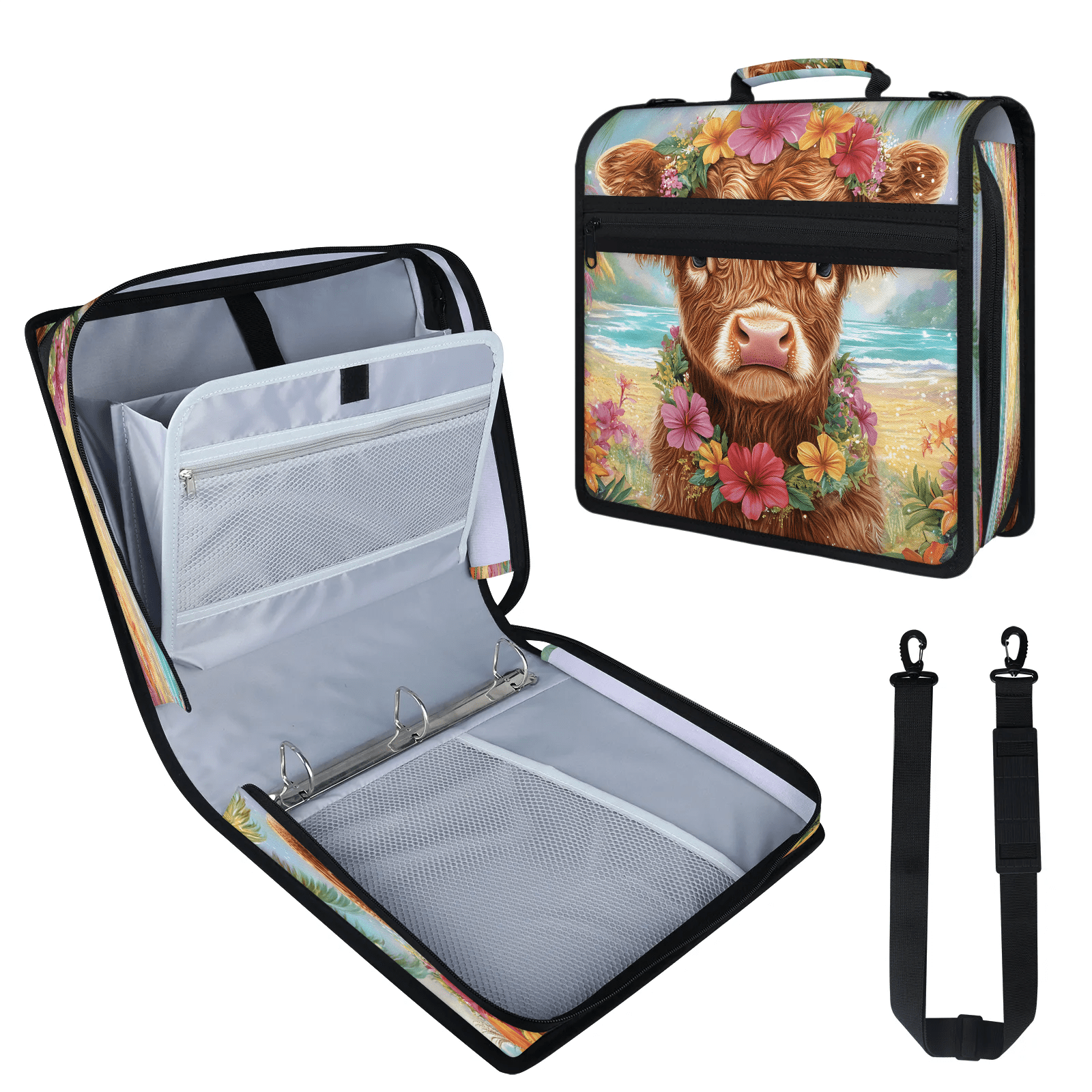 Herdesigns Funny Highland Cow Zipper Binder with Shoulder Strap, Waterproof 1.5 Inch 3 D-Ring Binder Organizer Bag, Fits 13 Inch Laptop for Work, Rustic Farmhouse Bull Animal