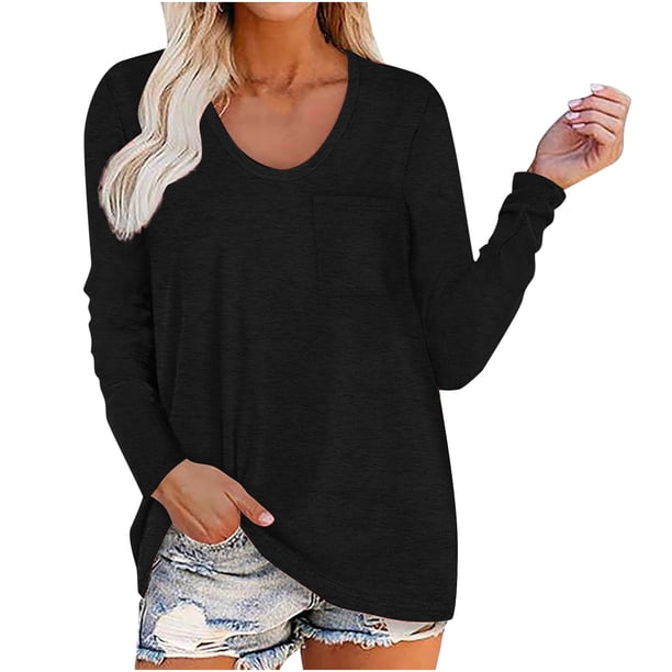 Tops de Mujer Camisas de Manga Larga Otoño Moda Casual Cuello Redondo Camiseta Suelta Blusa Bolsillo Odeerbi ODB149578