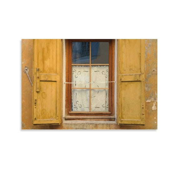 Window Yellow France Old Shutters Poster Decorative Painting Canvas Wall Art Living Room Posters Bedroom Painting,Unframe-style,08x12inch(20x30cm)